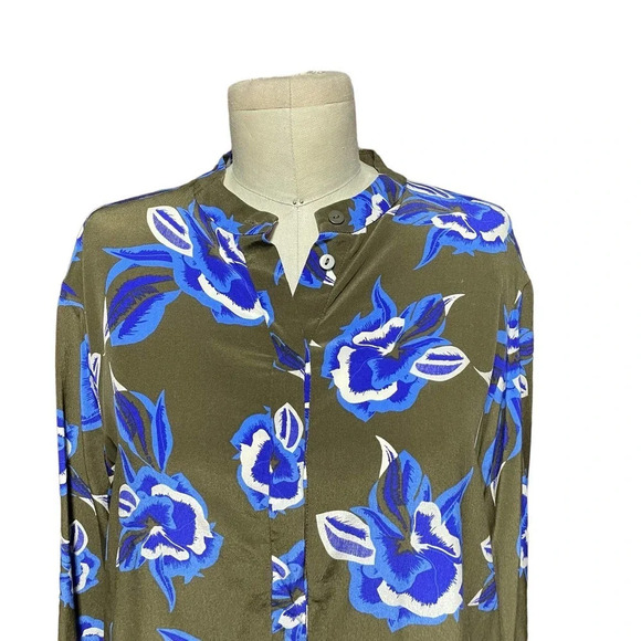 Diane Von Furstenberg Green Blue Floral Button-Up Long Sleeve Silk Top Size XS - Picture 2 of 8